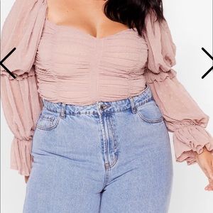 Plus Size Ruched Mesh Puff Sleeve Blouse